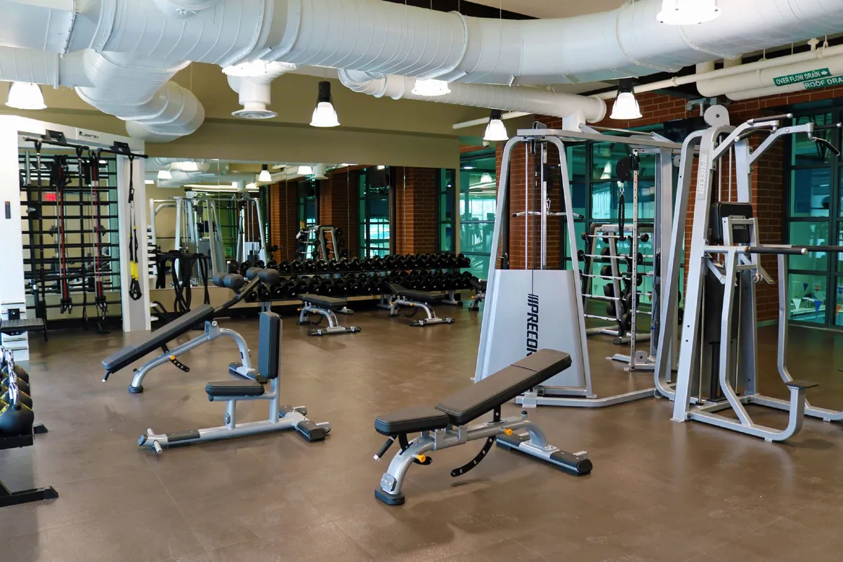 A bright, motivational gym space with strength training machines, a dumbbell rack, and benches. The scene conveys a sense of personal achievement and community, with equipment suitable for both casual exercise and serious workouts.