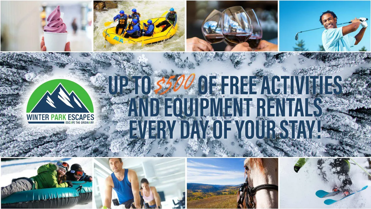 A vibrant interior collage featuring colorful ice cream, a thrilling white-water rafting scene, wine glasses ready for tasting, golfing on scenic greens, skiers in action, and horseback riding. The image blends multiple seasonal activities and local experiences.