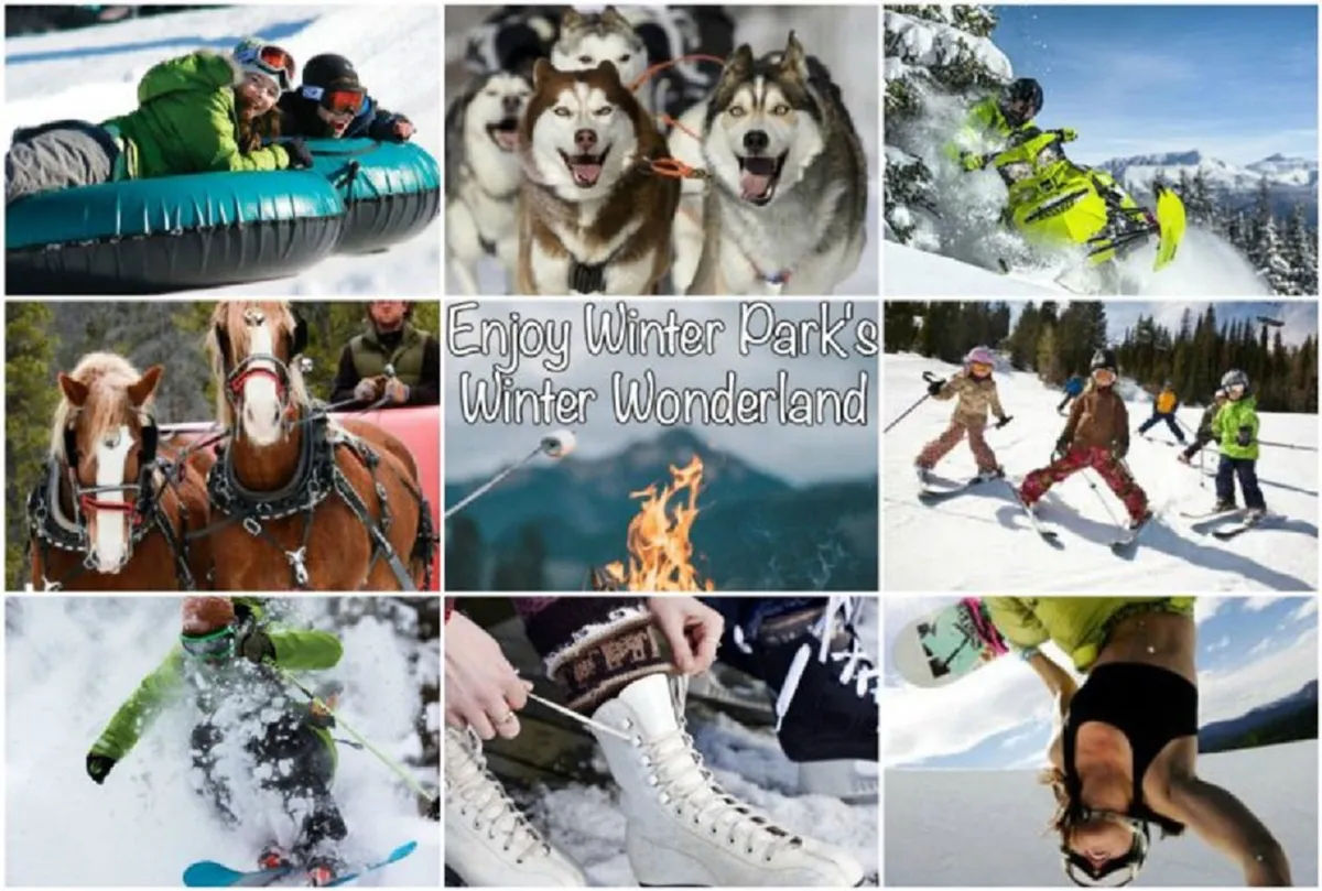 A vibrant winter scene bustling with activity, featuring people tubing down snowy slopes, huskies ready for dog sledding, snowmobiles, children learning to ski, snowboarders, a warming fire, and ice skates. The energetic, snow-filled landscape highlights a range of winter adventures.
