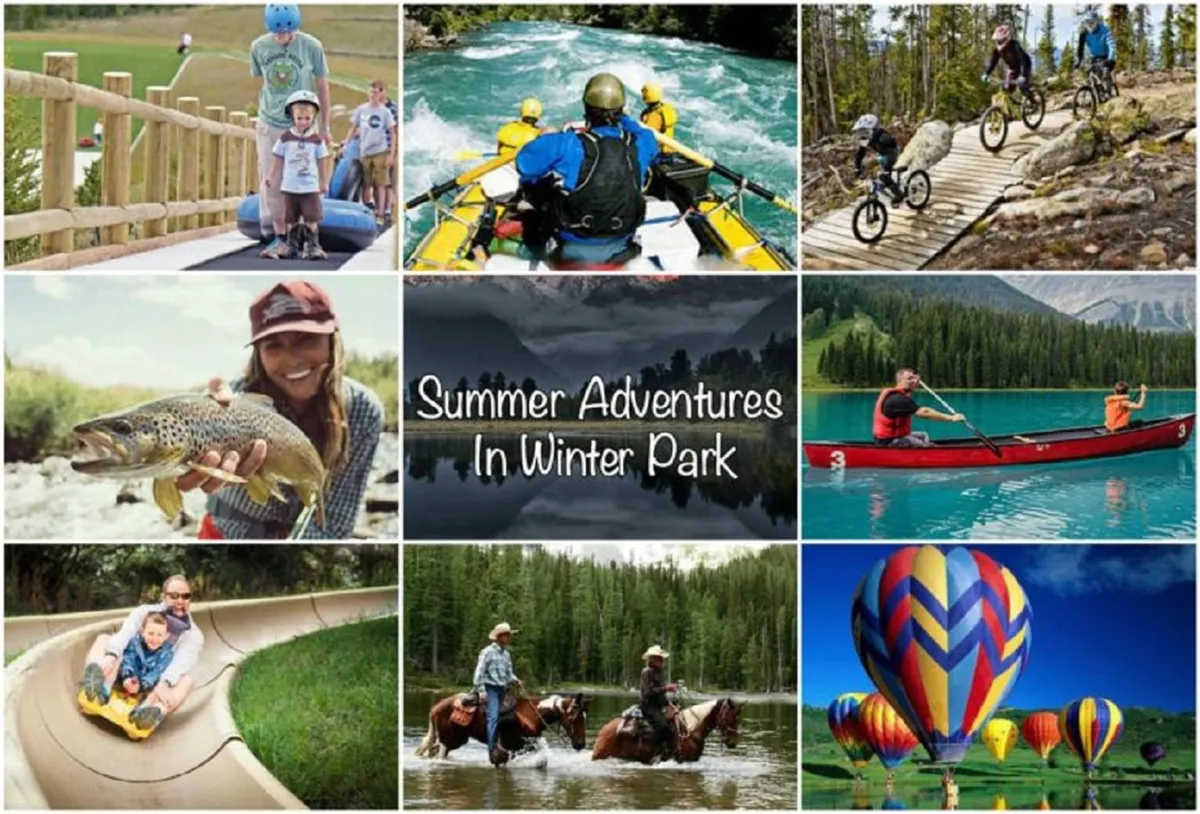 A lively summer panorama with families rafting down a river, biking along trails, fishing, boating, horseback riding, and even floating above the landscape in a hot air balloon. The image is filled with outdoor action against a backdrop of scenic landscapes.