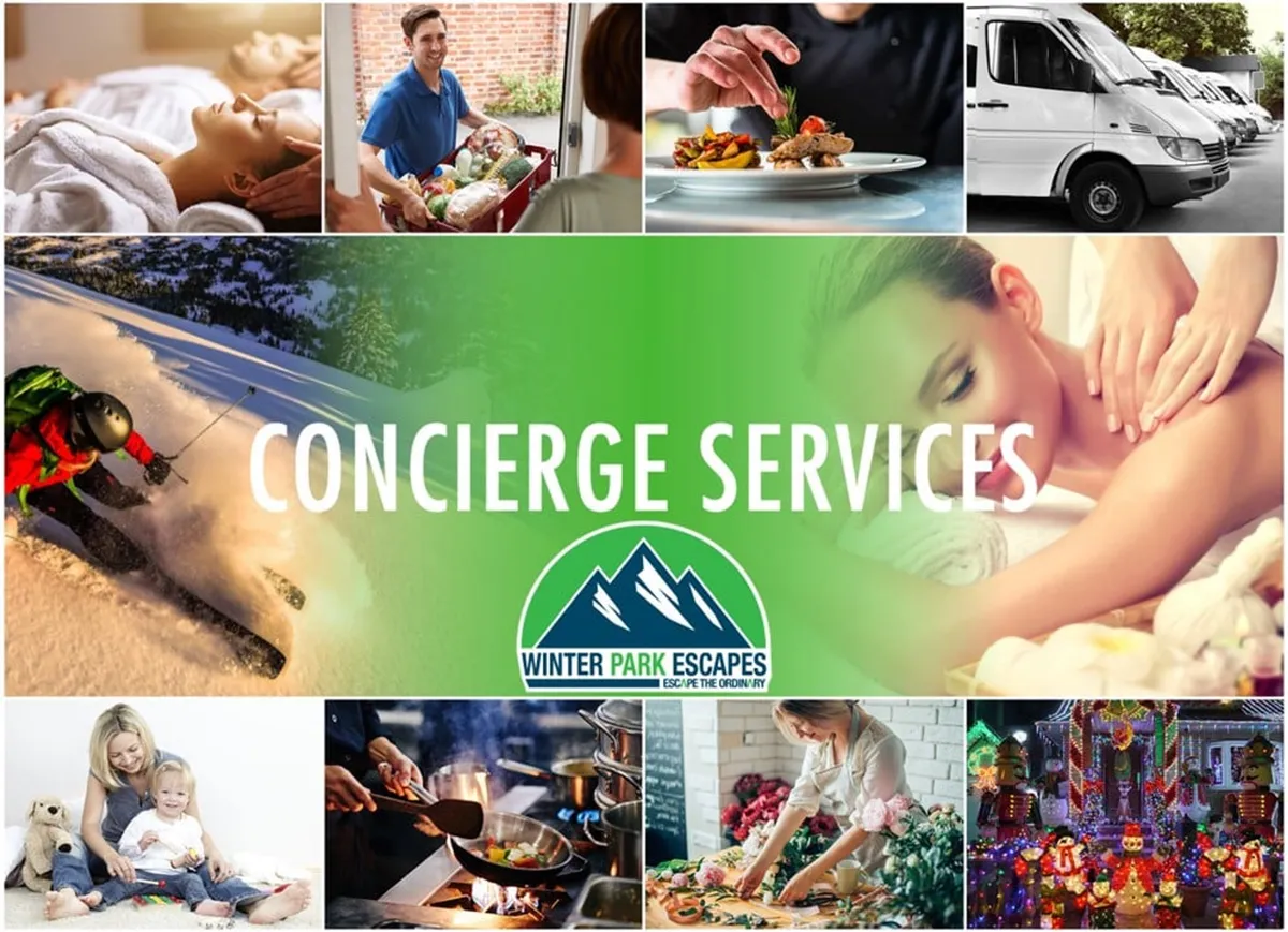 A vibrant collage-style interior image featuring a family interacting in a villa setting, with depictions of various concierge services such as gourmet food preparation, spa treatments, and skiing equipment delivery; the overall atmosphere conveys luxury, relaxation, and the joy of personalized amenities.